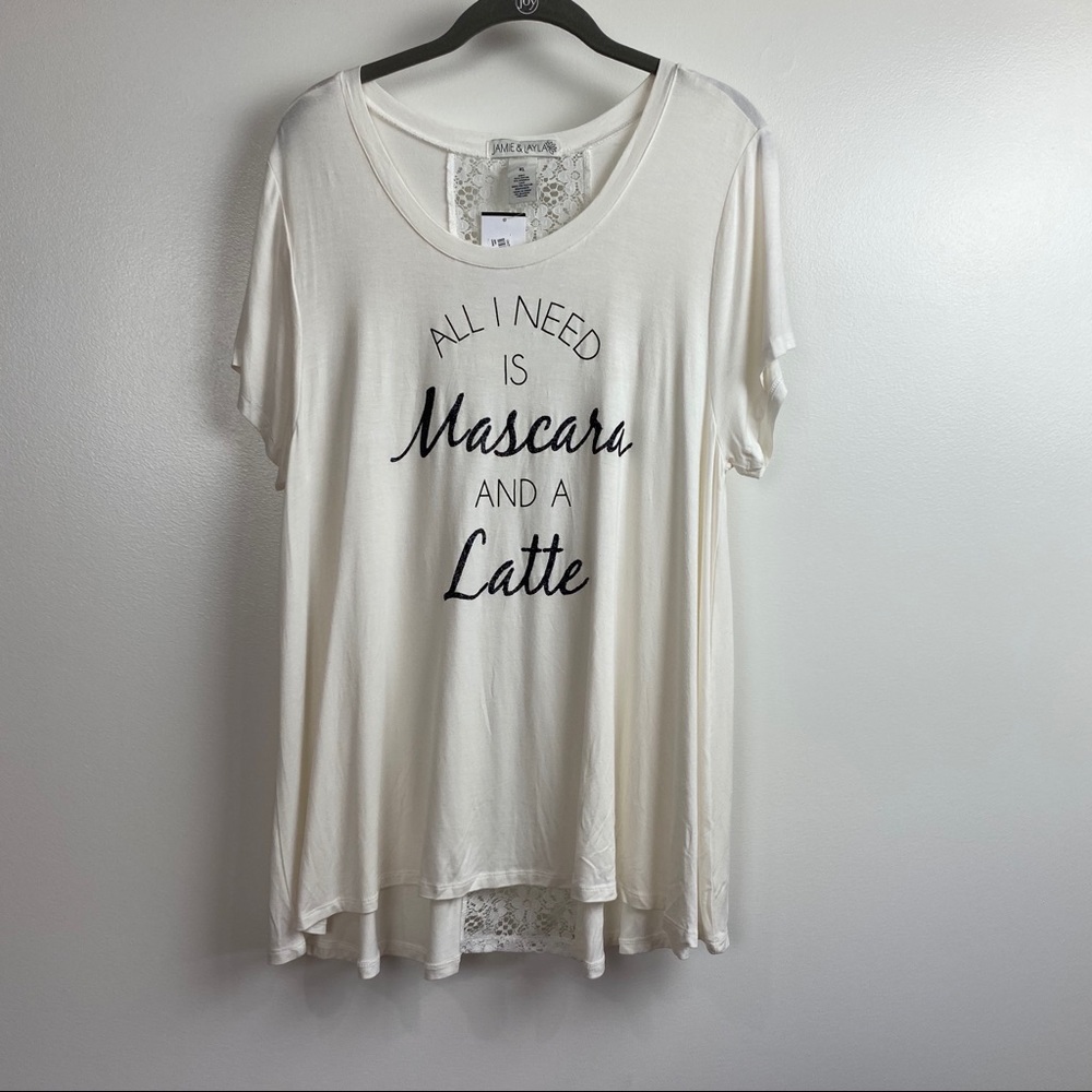 NWT Sz XL “Mascara and Latte” tee with lace back